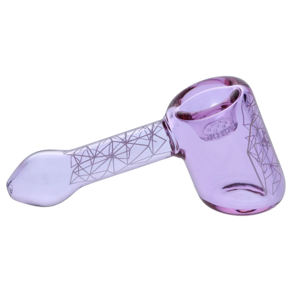 Angled side view of the purple Famous Design Space Hammer Pipe-Purple- 5in. with geometric line patterns along the handle and glossy glass finish