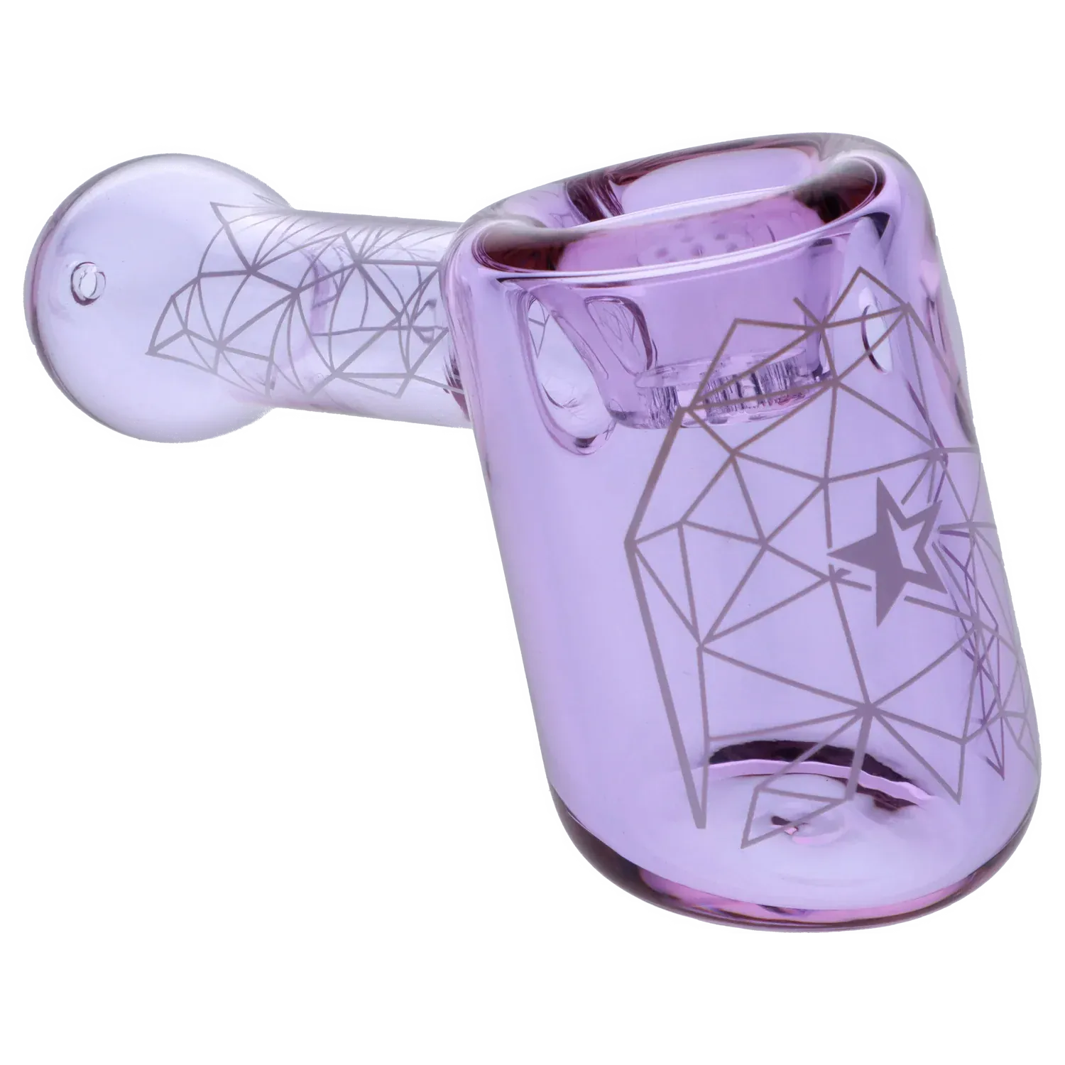 Angled close-up of the purple Famous Design Space Hammer Pipe-Purple- 5in., showing geometric star linework on the glossy glass surface.