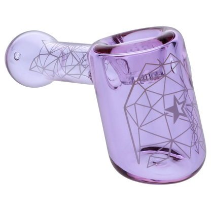 Angled close-up of the purple Famous Design Space Hammer Pipe-Purple- 5in., showing geometric star linework on the glossy glass surface.