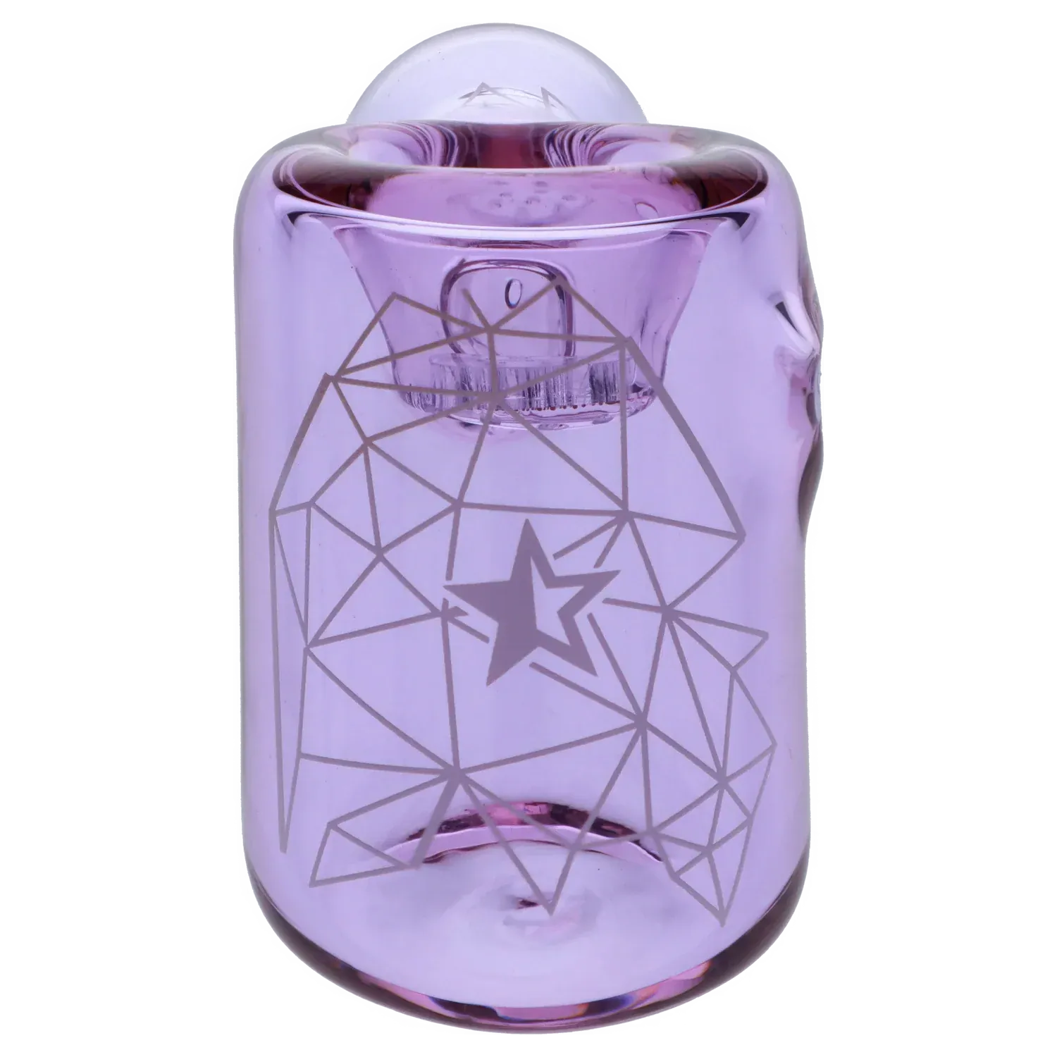 Top-down close-up of the purple Famous Design Space Hammer Pipe-Purple- 5in. showing its rounded bowl rim and geometric star pattern on glossy glass