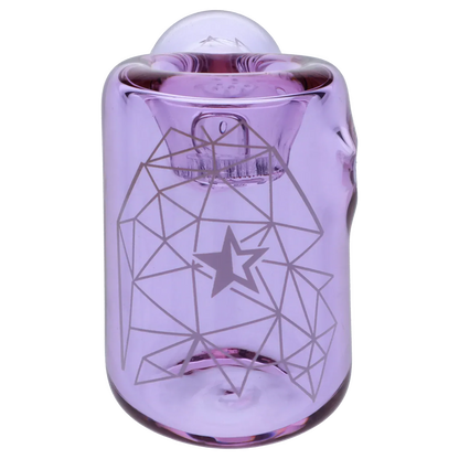 Top-down close-up of the purple Famous Design Space Hammer Pipe-Purple- 5in. showing its rounded bowl rim and geometric star pattern on glossy glass