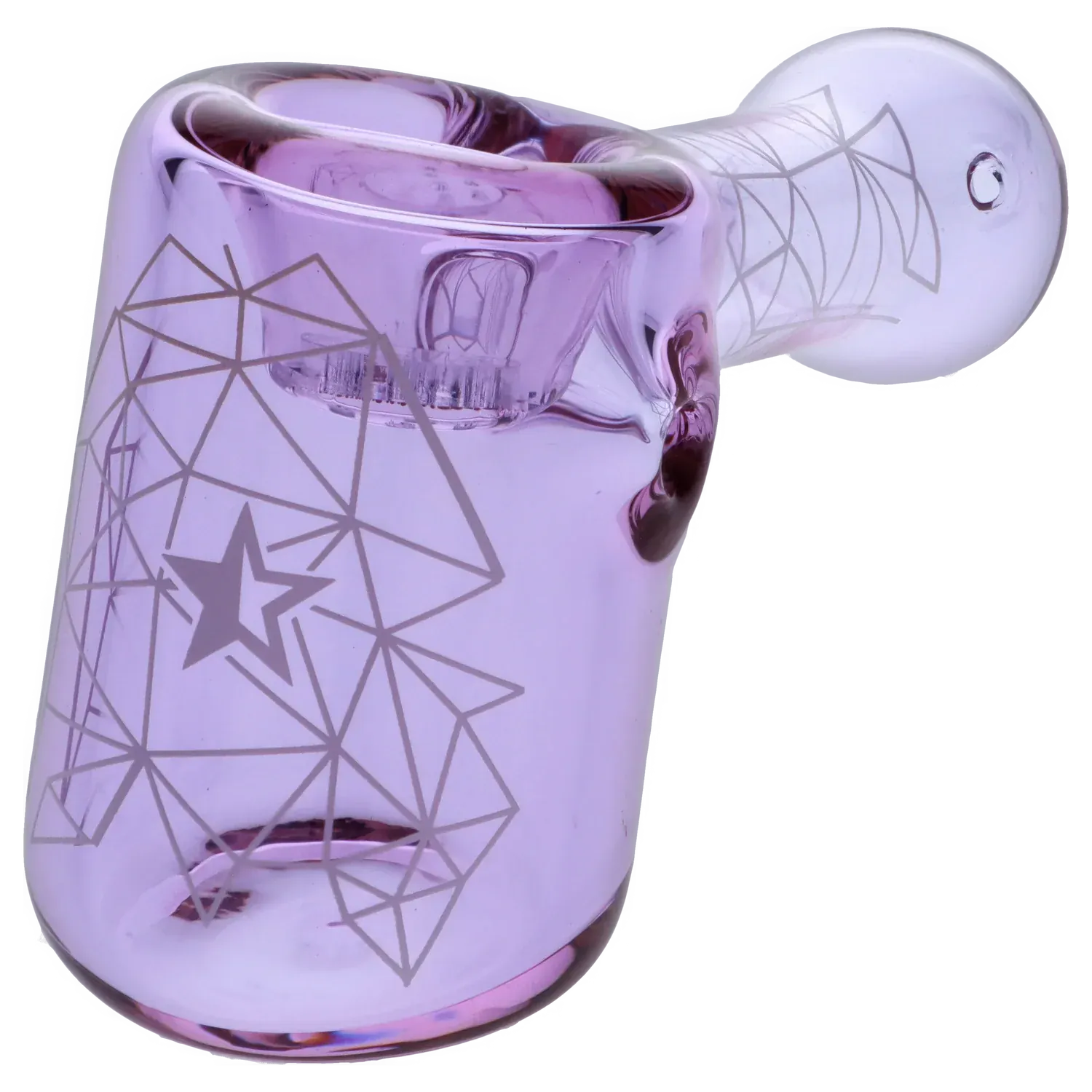 Angled close-up of the purple Famous Design Space Hammer Pipe-Purple- 5in. showing its geometric star etching and rounded bowl rim