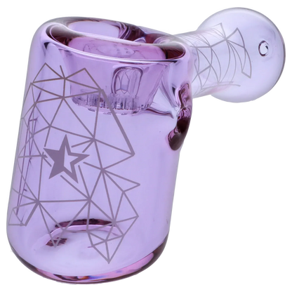 Angled close-up of the purple Famous Design Space Hammer Pipe-Purple- 5in. showing its geometric star etching and rounded bowl rim
