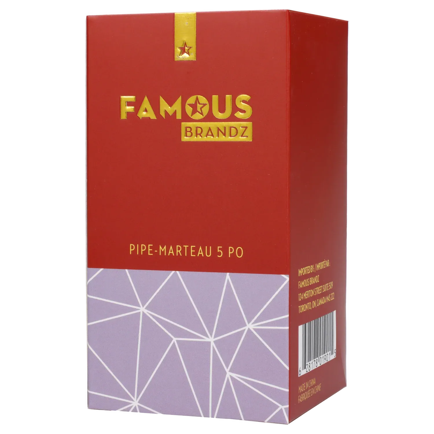 Angled view of the Famous Design Space Hammer Pipe-Purple- 5in. box showing red upper packaging with gold logo and a lavender geometric lower panel.