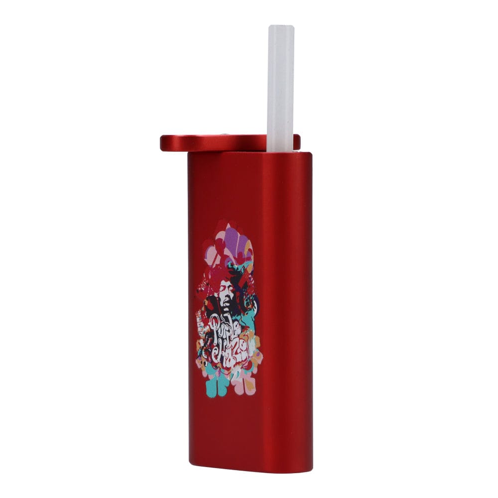 A straight-on view of the red Rock Legends Jimmy-Rainbow Haze Dugout with a white bat, showcasing its sleek, cylindrical form.