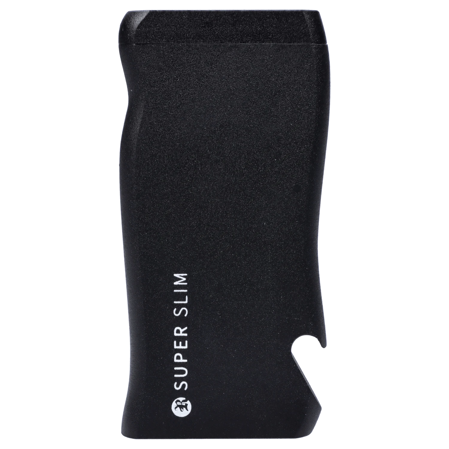 Close-up front view of the black RYOT Slim Aluminum Dugout – Black showing its textured curved side, partial white logo text, and angled bottle-opener cutout.