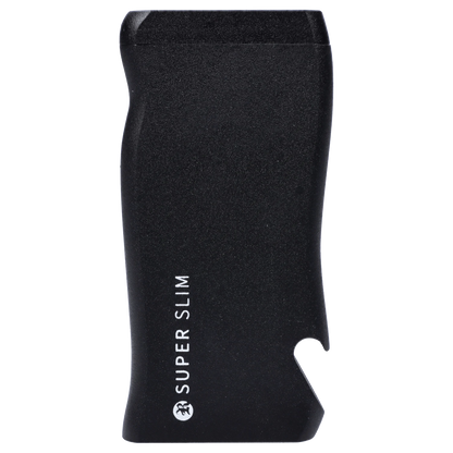 Close-up front view of the black RYOT Slim Aluminum Dugout – Black showing its textured curved side, partial white logo text, and angled bottle-opener cutout.