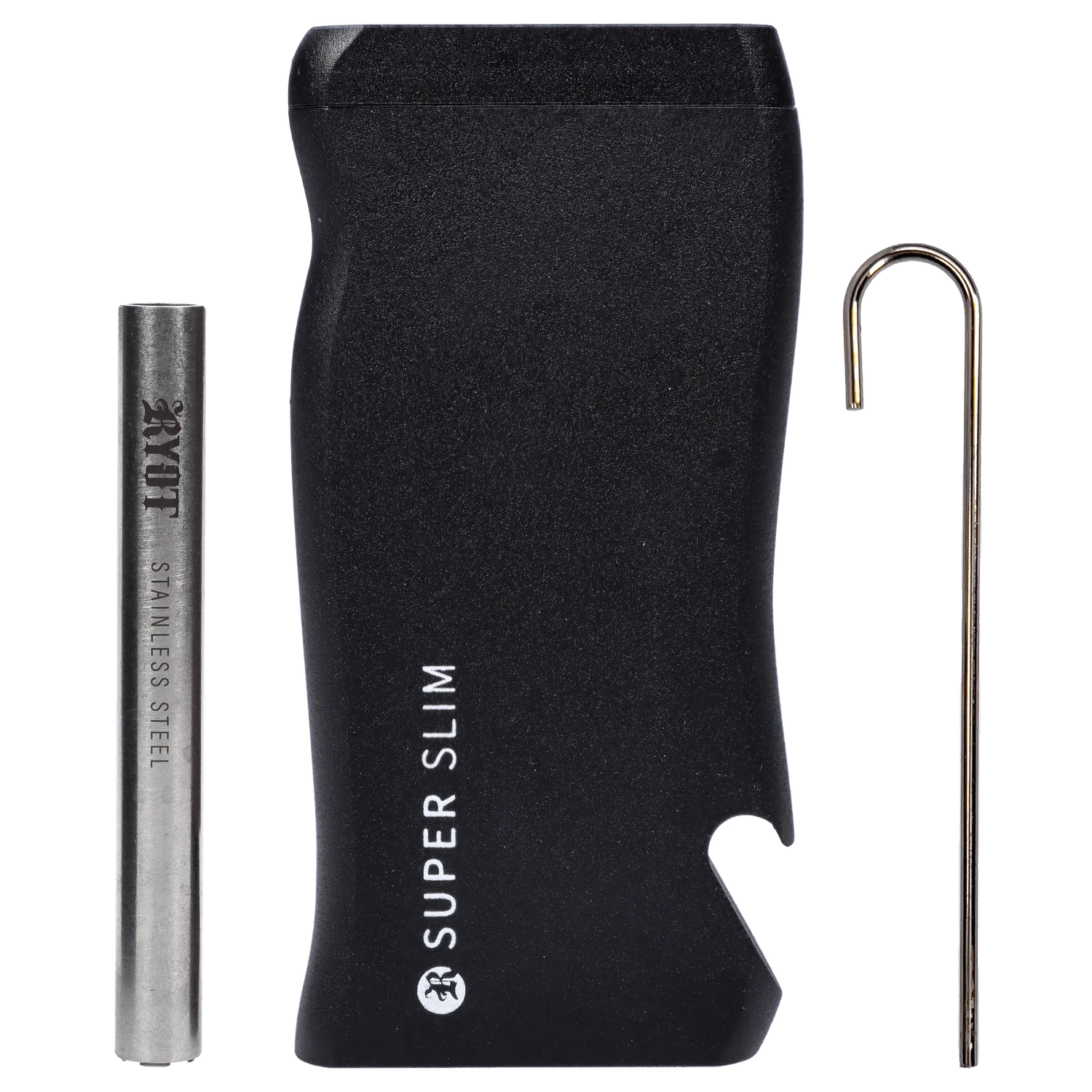 Close-up top-down view of the RYOT Slim Aluminum Dugout – Black showing its matte black curved case, stainless steel bat, and hooked pickup tool.