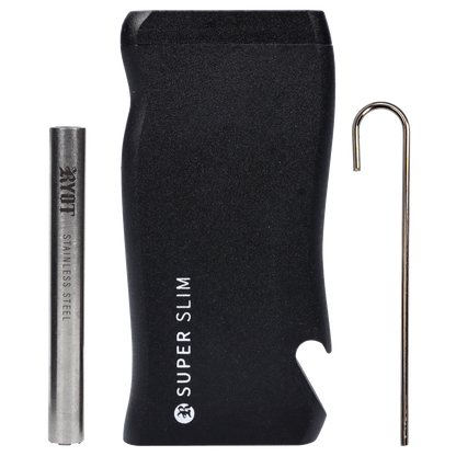 Close-up top-down view of the RYOT Slim Aluminum Dugout – Black showing its matte black curved case, stainless steel bat, and hooked pickup tool.