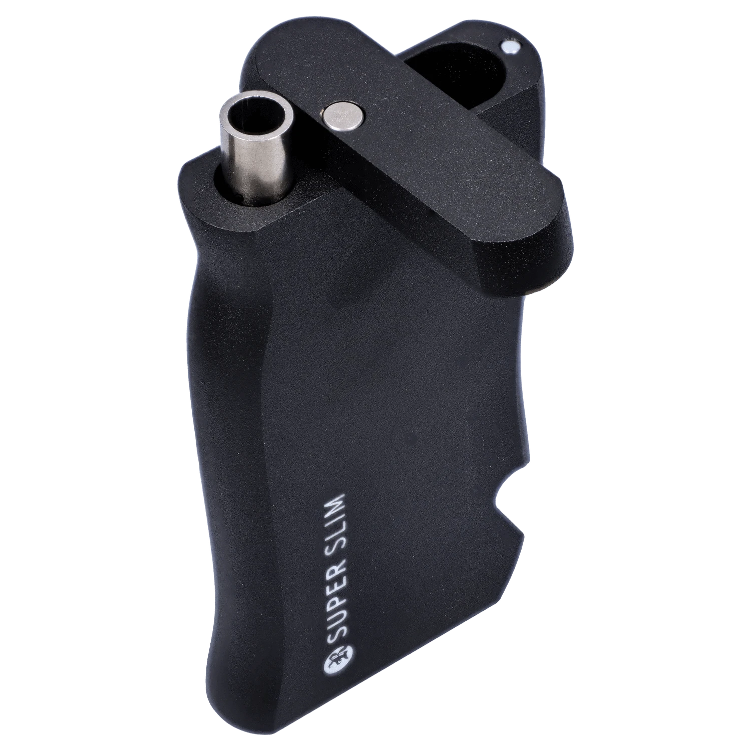 Angled close-up of the black RYOT Slim Aluminum Dugout – Black showing its matte finish, hinged top, and exposed metal tube.