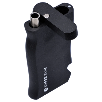Angled close-up of the black RYOT Slim Aluminum Dugout – Black showing its matte finish, hinged top, and exposed metal tube.