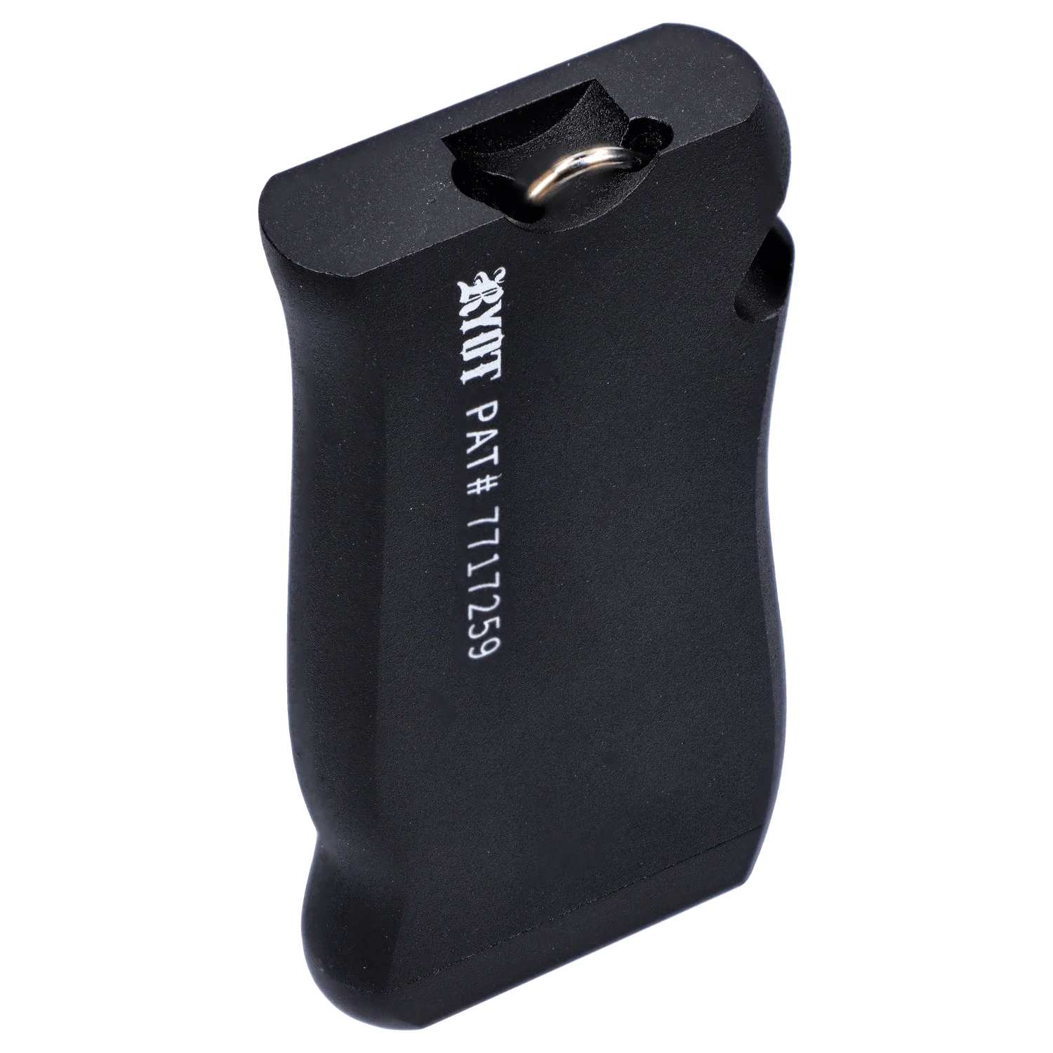 Angled close-up of the black RYOT Slim Aluminum Dugout – Black showing its textured metal body, rounded top cavity, and visible keyring.