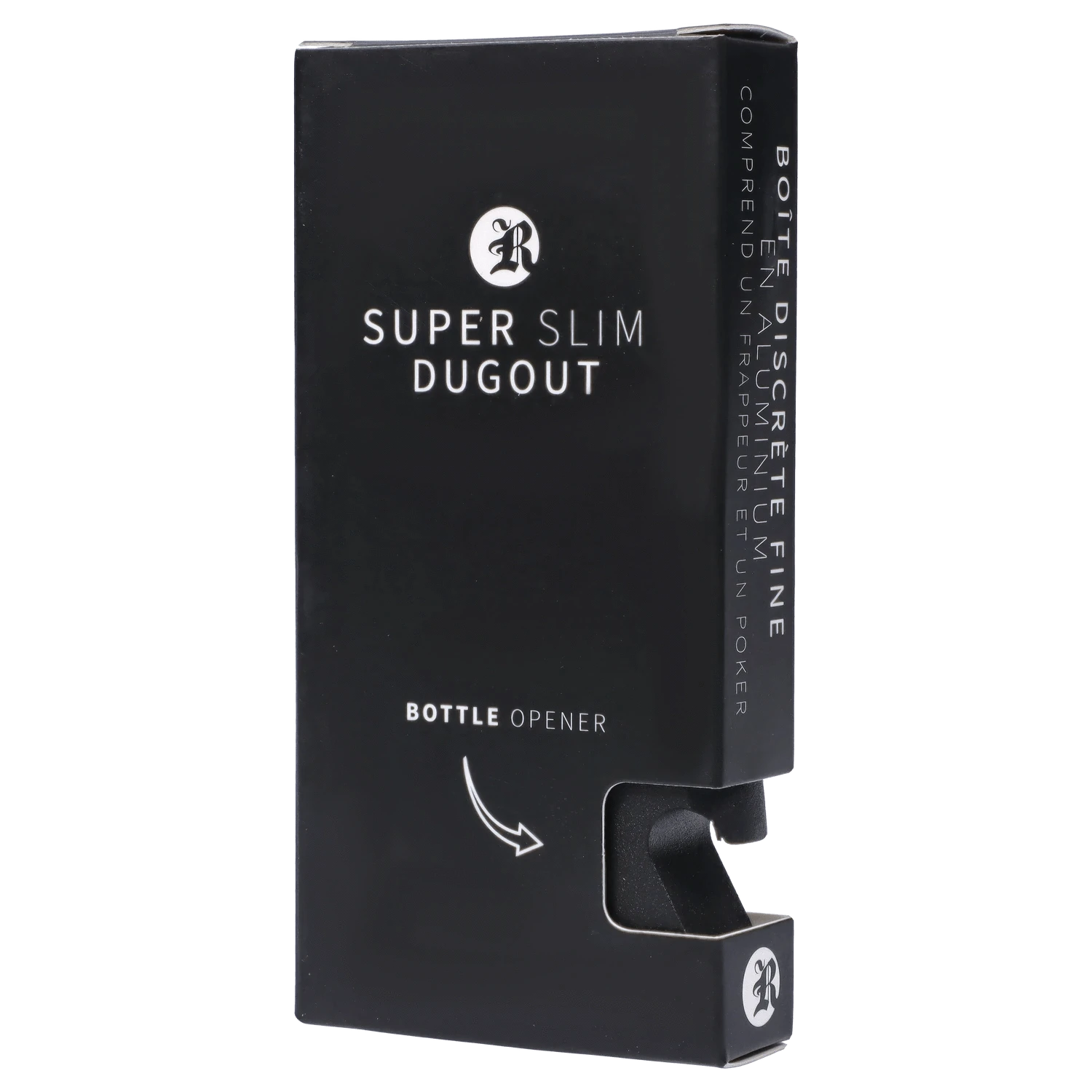 Angled front view of the black RYOT Slim Aluminum Dugout showing its slim rectangular packaging with white text and a cutout revealing the black metal opener.