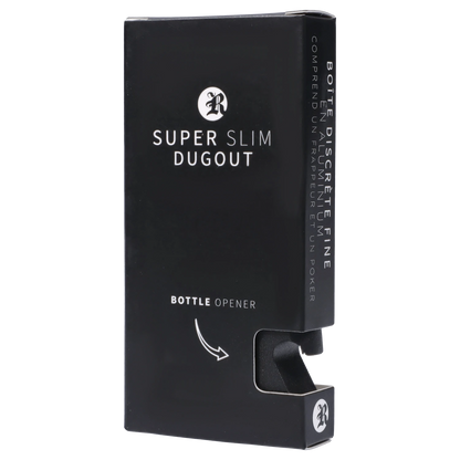 Angled front view of the black RYOT Slim Aluminum Dugout showing its slim rectangular packaging with white text and a cutout revealing the black metal opener.