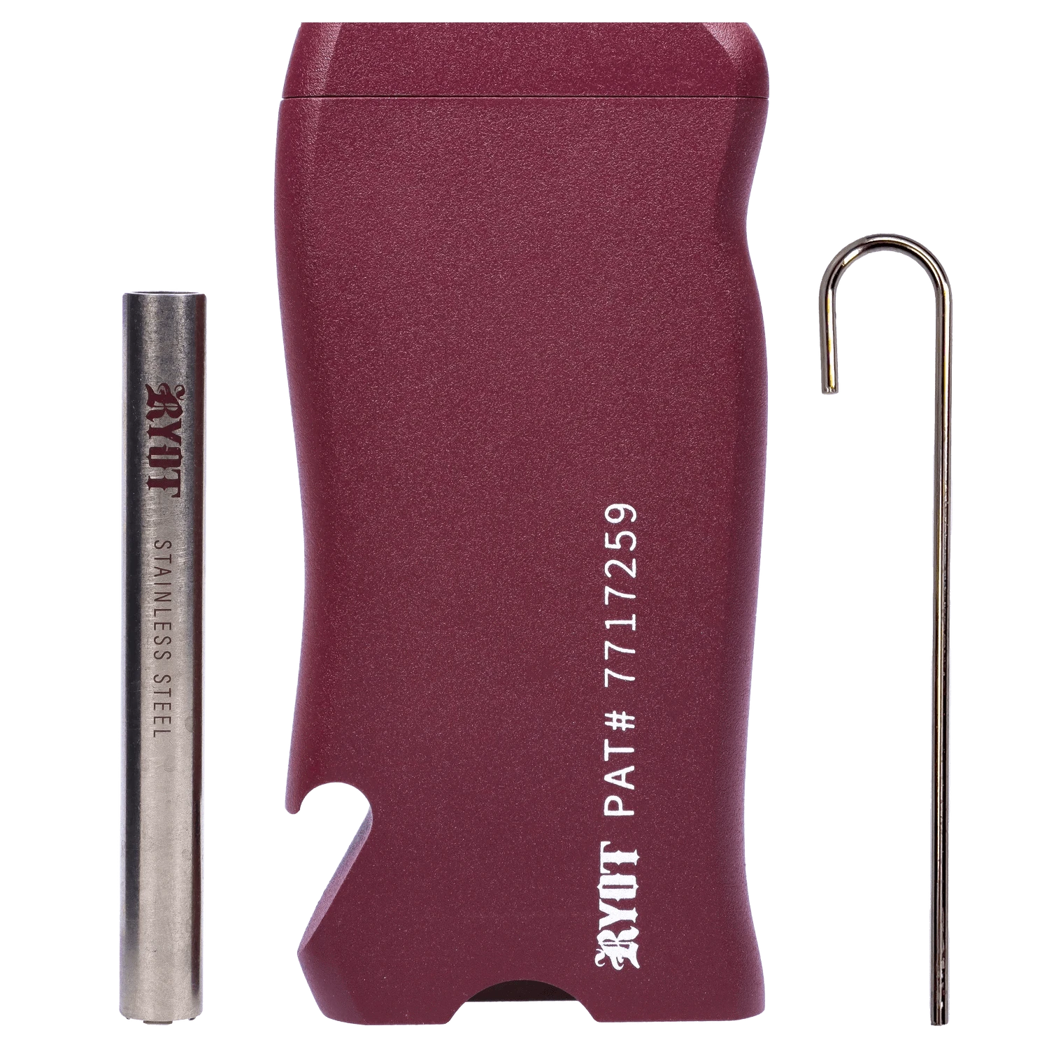 Close-up, front-facing shot of the RYOT Slim Aluminum Dugout – Purple showing the textured purple aluminum case between its stainless steel storage tube and metal poker.