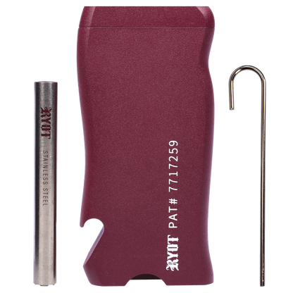 Close-up, front-facing shot of the RYOT Slim Aluminum Dugout – Purple showing the textured purple aluminum case between its stainless steel storage tube and metal poker.
