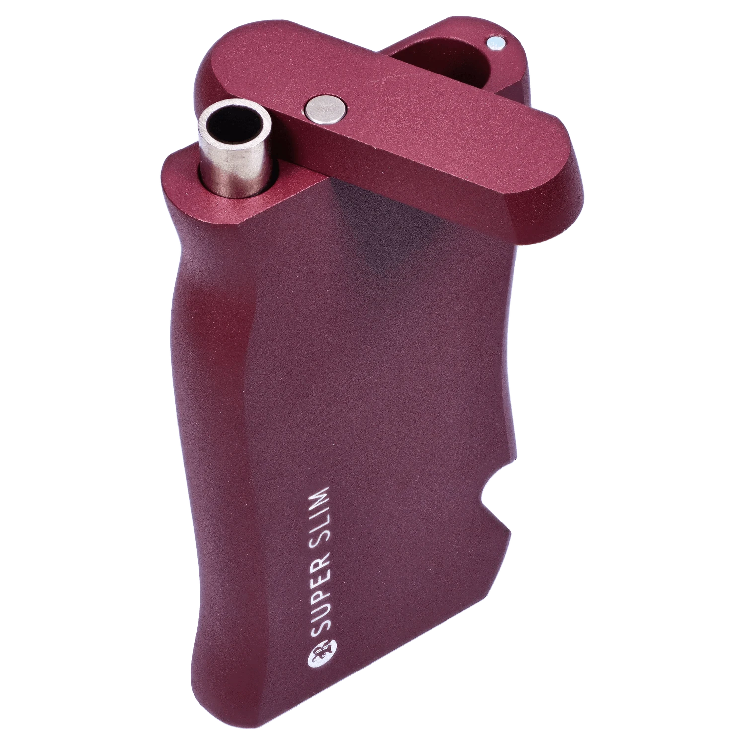Angled close-up of the purple RYOT Slim Aluminum Dugout – Purple showing its metal mouthpiece, hinged top, and textured anodized finish
