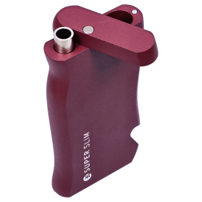 Angled close-up of the purple RYOT Slim Aluminum Dugout – Purple showing its metal mouthpiece, hinged top, and textured anodized finish