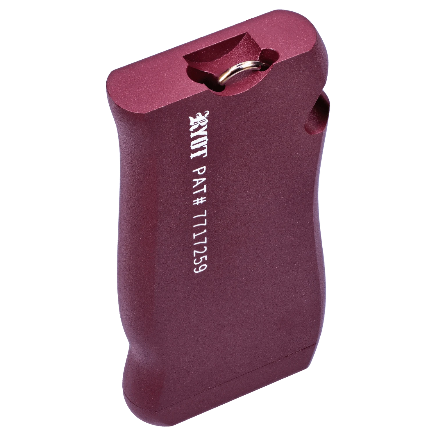 Angled close-up of the purple RYOT Slim Aluminum Dugout showing its textured aluminum body, keyring slot, and white patent number text.