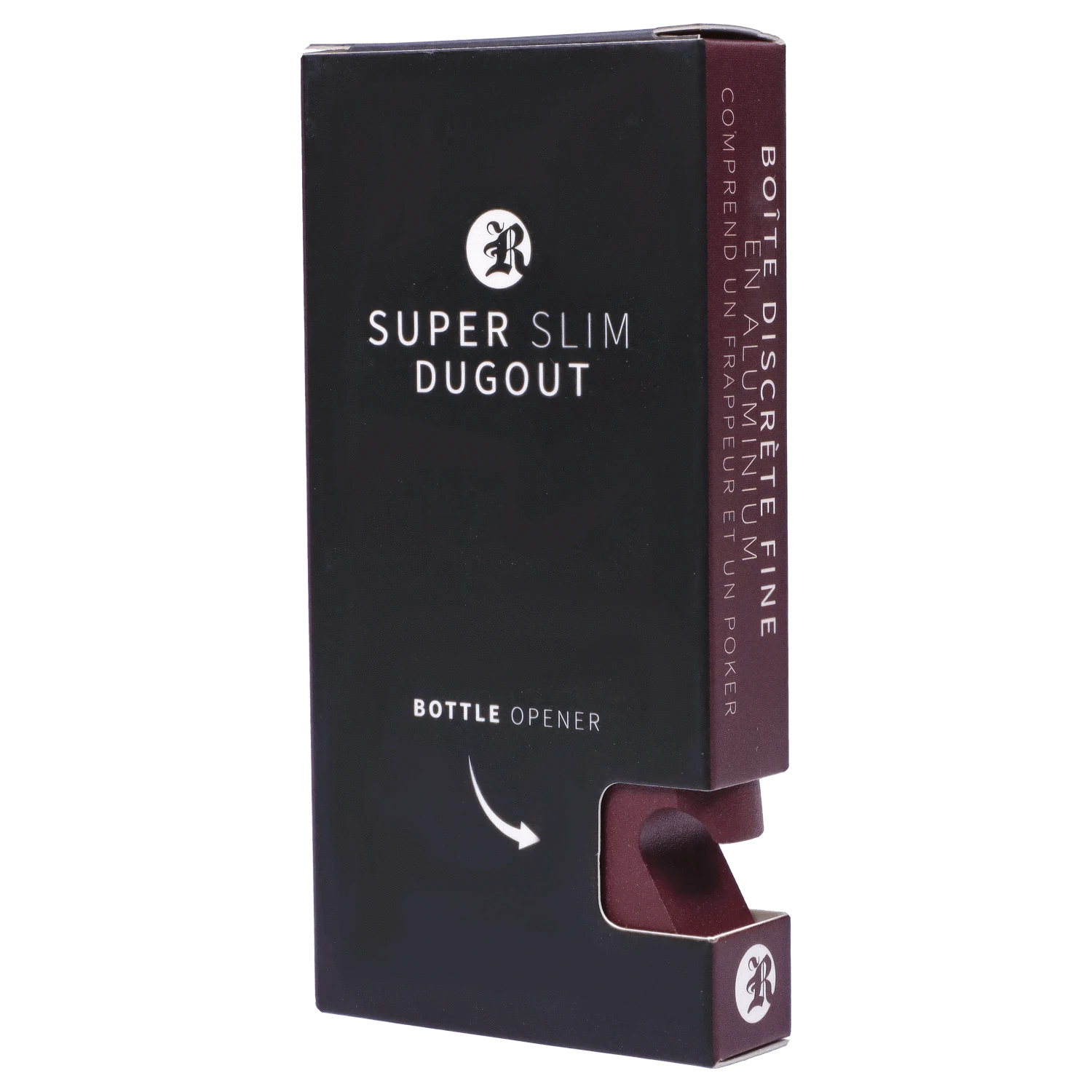 Angled close-up of the RYOT Slim Aluminum Dugout – Purple box showing black front text "SUPER SLIM DUGOUT" and a maroon side panel with a cutout revealing the purple metal dugout.