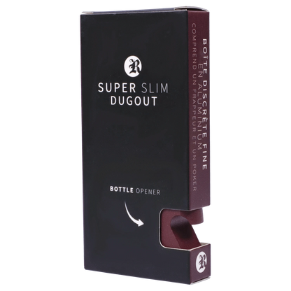 Angled close-up of the RYOT Slim Aluminum Dugout – Purple box showing black front text "SUPER SLIM DUGOUT" and a maroon side panel with a cutout revealing the purple metal dugout.