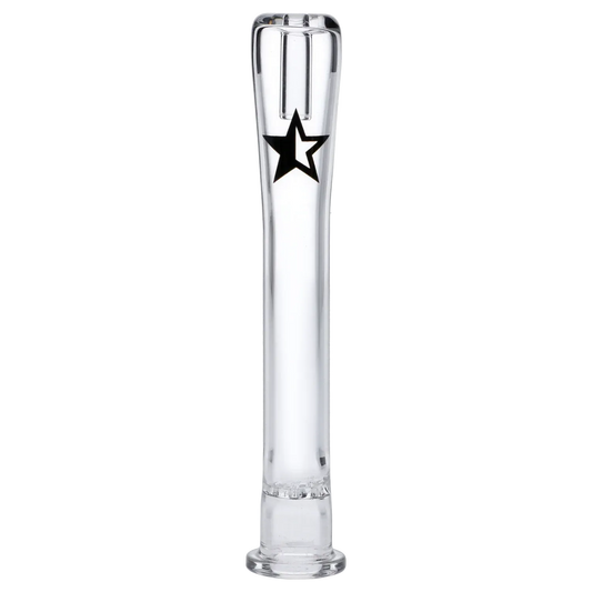 Straight-on view of the Famous X One Hitter - Clear - 4" showing a tall clear glass tube with a black star logo near the top.