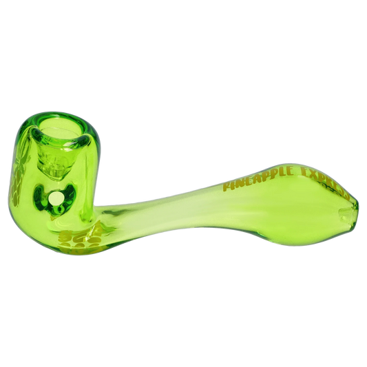 A close-up, angled view of the 4-inch Puff Puff Pass Strains Pineapple Express Sherlock in green glass.