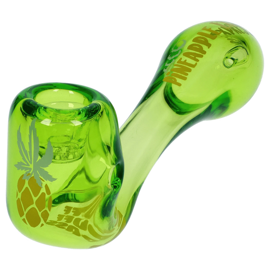 A close-up, angled view of the 4-inch Puff Puff Pass Strains Pineapple Express Sherlock, showing its vibrant green glass construction.