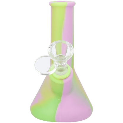 Front view of the 5-inch Valiant Silicone Beaker in assorted colors, showing the beaker's curved shape and smooth silicone material.