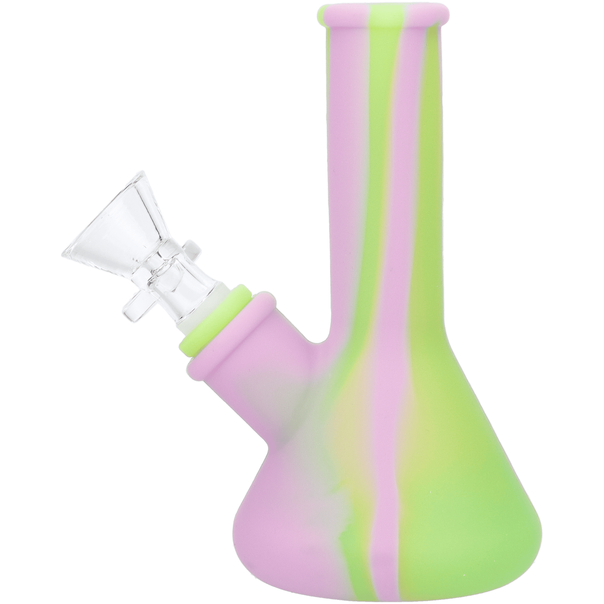 A front view of the 5-inch Valiant Silicone Beaker in assorted colors, showcasing its curved form and smooth texture.