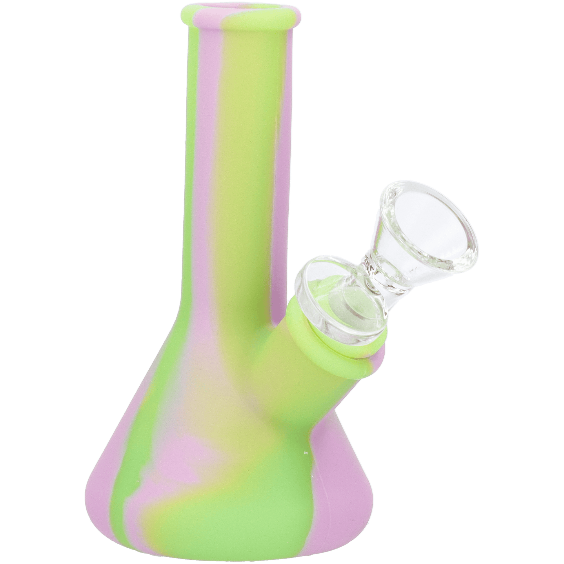 A front view of the 5-inch Valiant Silicone Beaker, displaying its vibrant pink and green assorted coloration.