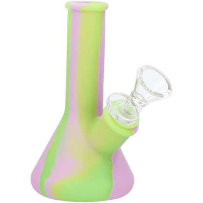 A front view of the 5-inch Valiant Silicone Beaker, displaying its vibrant pink and green assorted coloration.