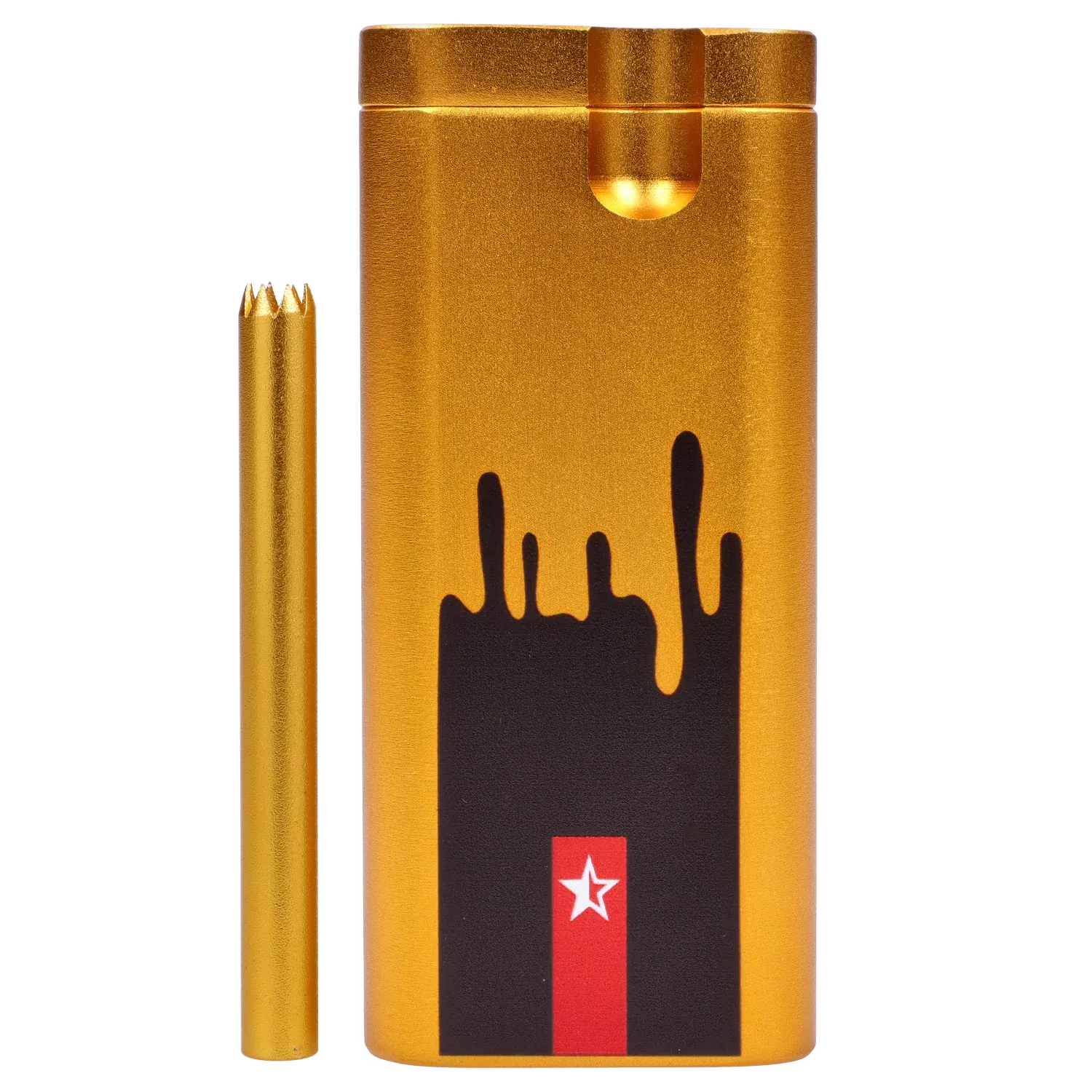 Close-up front view of the Famous Design Surrender Aluminum Dugout - Gold showing its metallic gold finish, black drip graphic and matching gold bat.