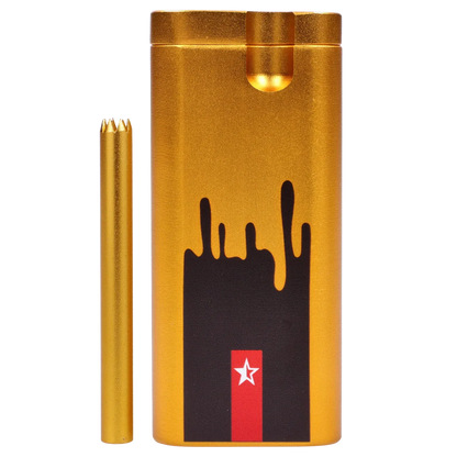 Close-up front view of the Famous Design Surrender Aluminum Dugout - Gold showing its metallic gold finish, black drip graphic and matching gold bat.