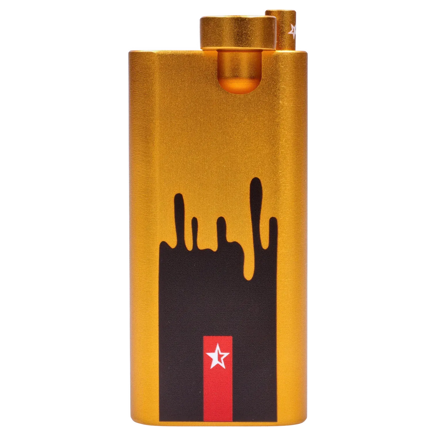 Close-up front view of the gold Famous Design Surrender Aluminum Dugout showing its textured metallic finish, black dripping graphic and red star detail.