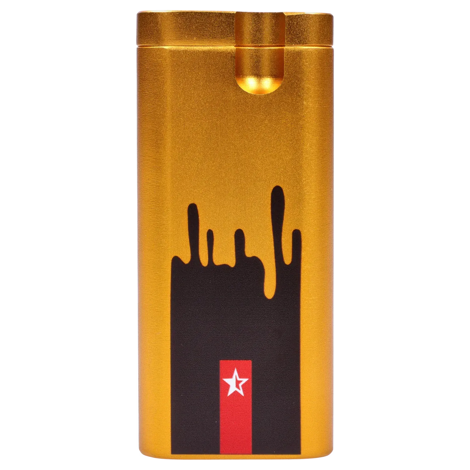 Close-up front view of the gold Famous Design Surrender Aluminum Dugout - Gold showing its rounded top, black dripped graphic and small red star emblem.