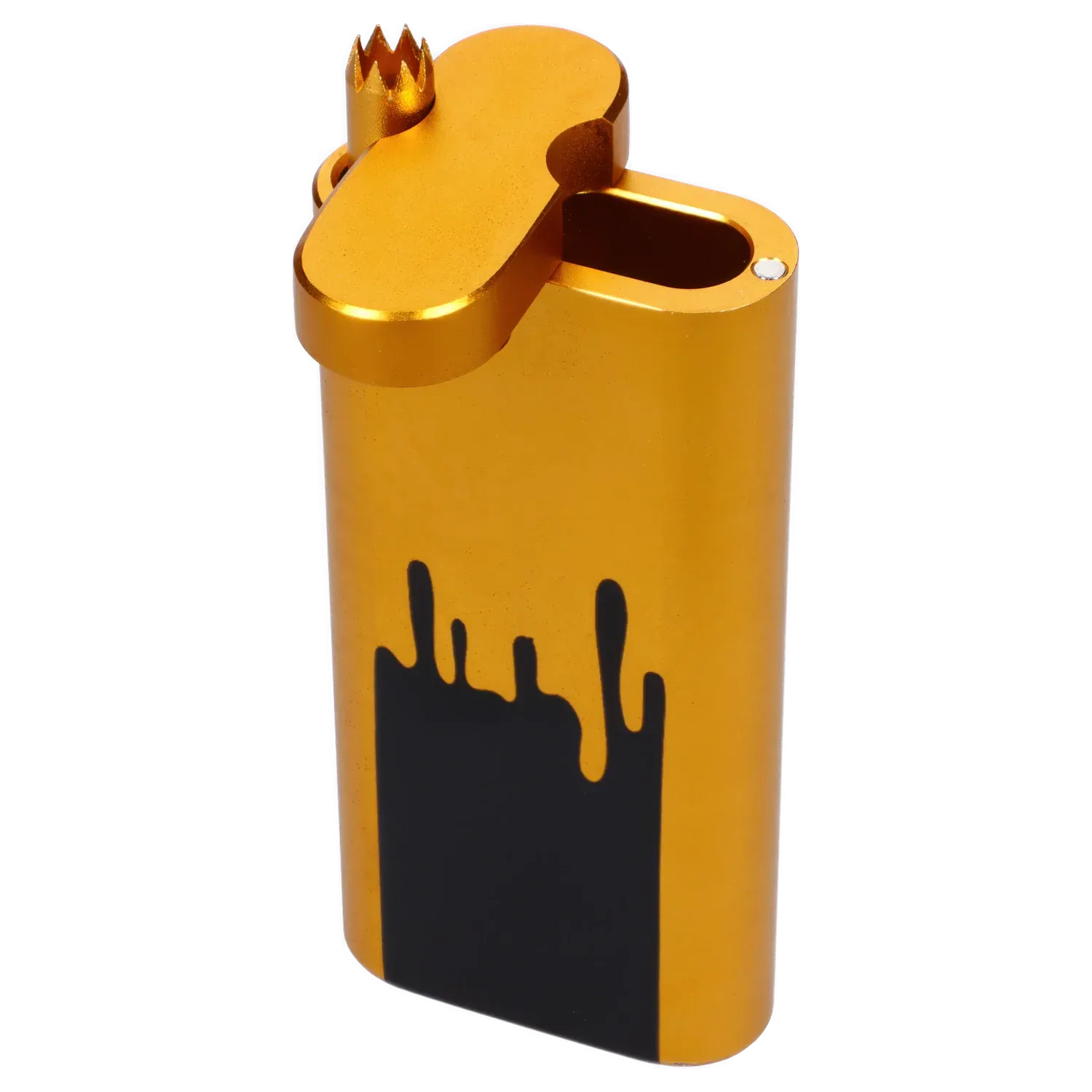 Angled close-up of the gold Famous Design Surrender Aluminum Dugout - Gold showing its hinged crown-shaped lid and black drip graphic on the rounded body
