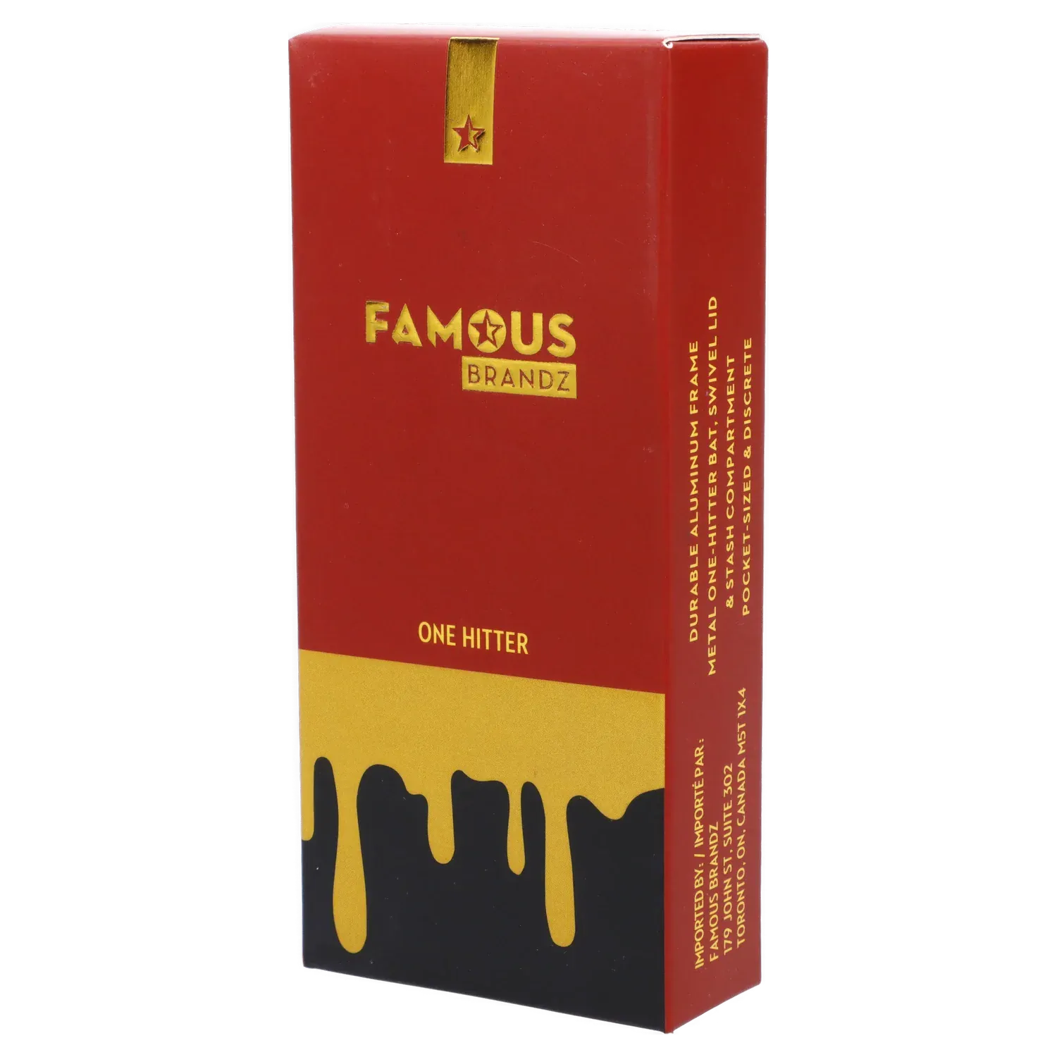 Angled view of the red and gold Famous Design Surrender Aluminum Dugout - Gold packaging with dripping gold graphic and centered logo.