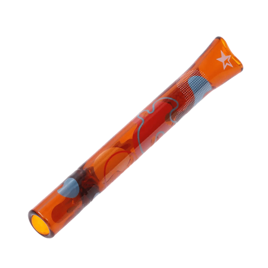 A close-up of the amber-colored Famous Design Papaya Chillum, showing its 4-inch length and simple glass construction.