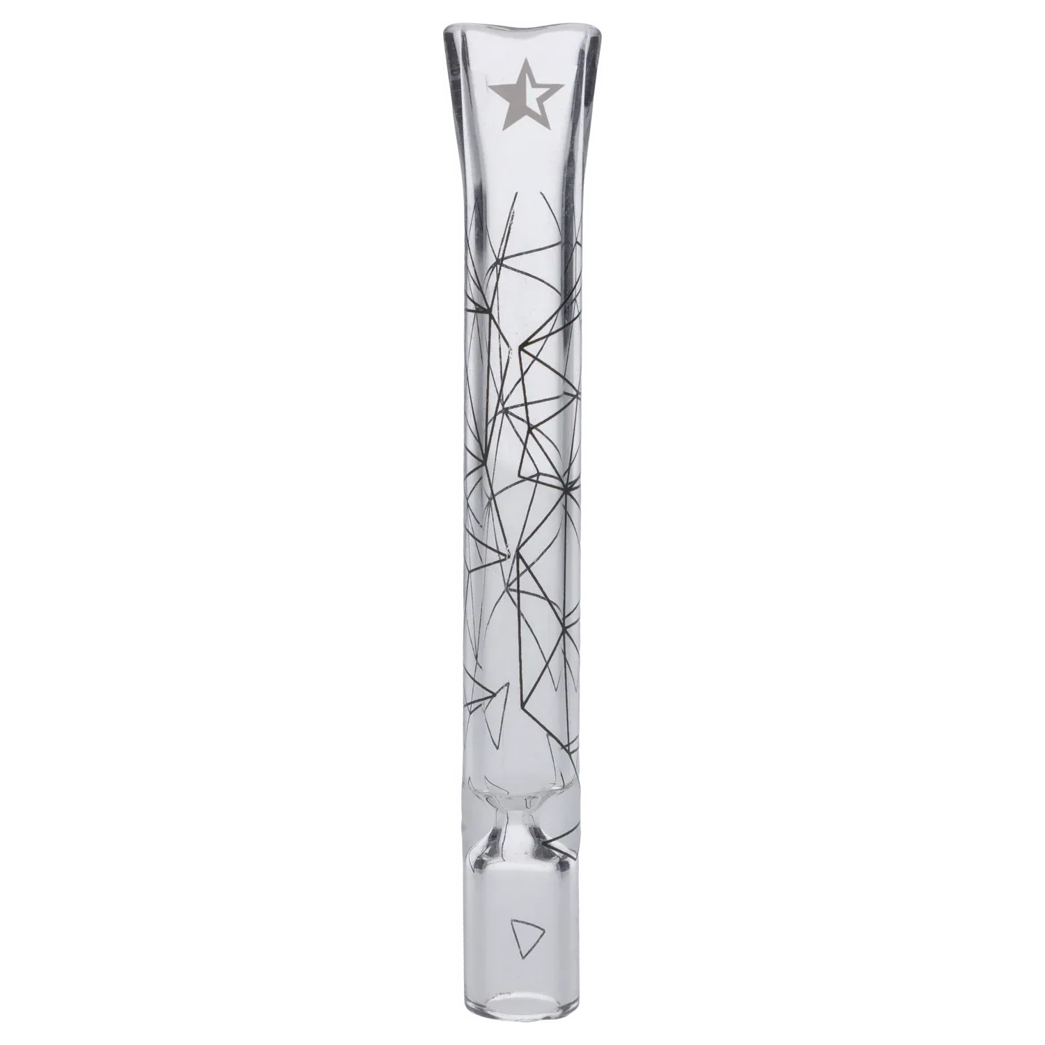 Vertical front view of the Famous Design Space Chillum - Clear - 4in. showing a clear glass tube with black geometric line art and a star near the mouthpiece.