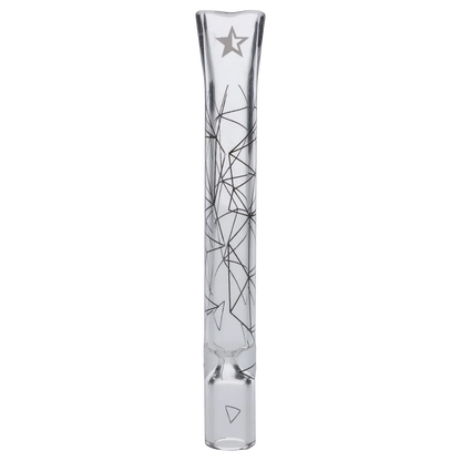 Vertical front view of the Famous Design Space Chillum - Clear - 4in. showing a clear glass tube with black geometric line art and a star near the mouthpiece.