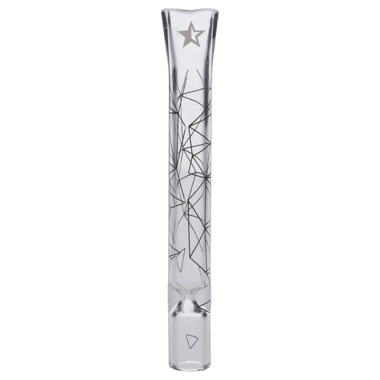 Vertical front view of the Famous Design Space Chillum - Clear - 4in. showing a clear glass tube with black geometric line art and a star near the mouthpiece.