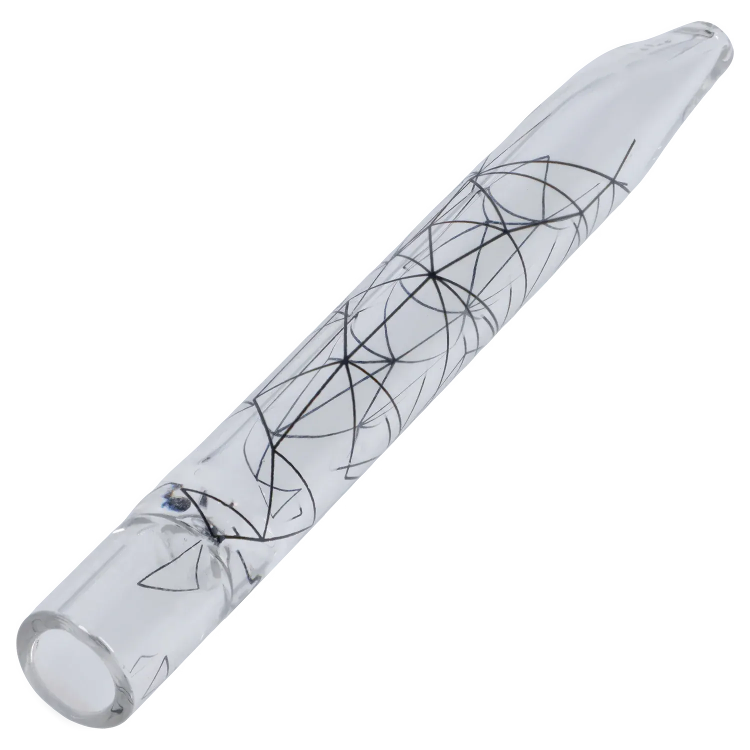 Angled close-up of the Famous Design Space Chillum - Clear - 4in. showing clear glass with black geometric line patterns along its length.