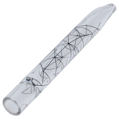 Angled close-up of the Famous Design Space Chillum - Clear - 4in. showing clear glass with black geometric line patterns along its length.