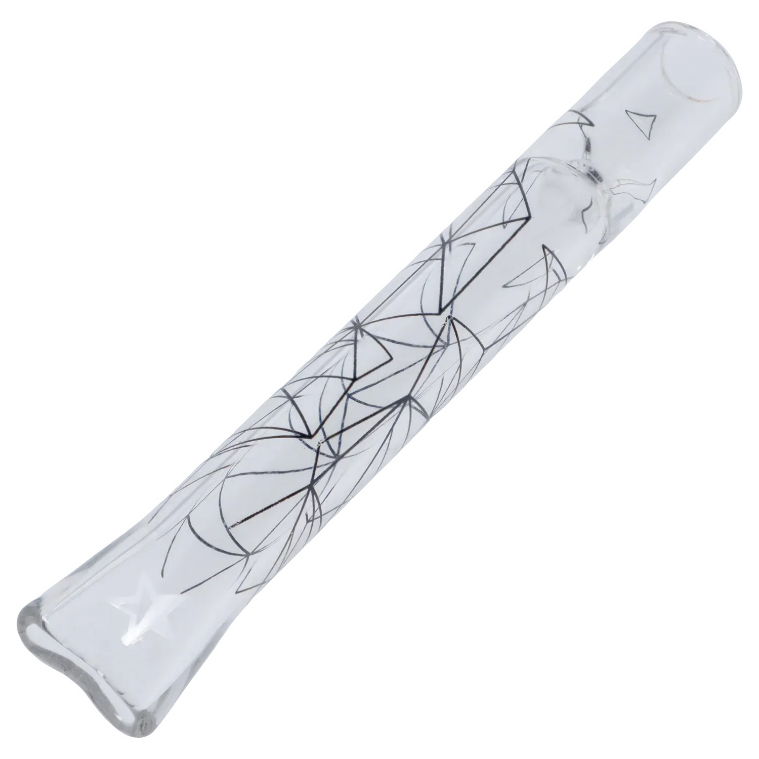 Diagonal close-up of the clear 4in. Famous Design Space Chillum showing black geometric line patterns along its glass body