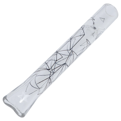 Diagonal close-up of the clear 4in. Famous Design Space Chillum showing black geometric line patterns along its glass body