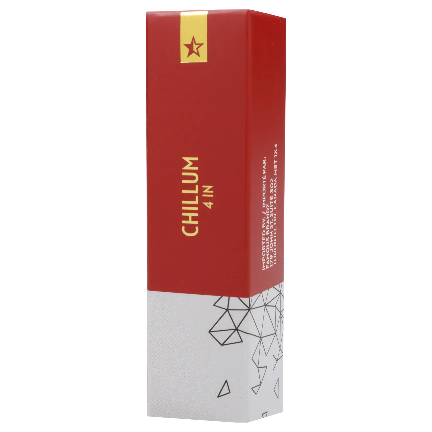 Vertical close-up of the Famous Design Space Chillum - Clear - 4in. box showing its red top panel with gold star and "CHILLUM 4 IN" text.
