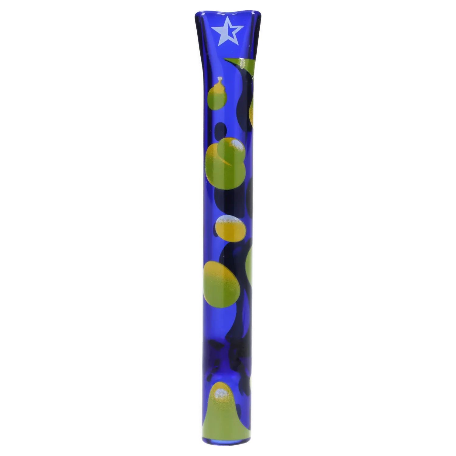 Tall vertical close-up of the Famous Design Privilege Chillum - Dark Blue - 4in. showing a glossy blue tube with green and yellow bubble patterns and a white star near the mouth.