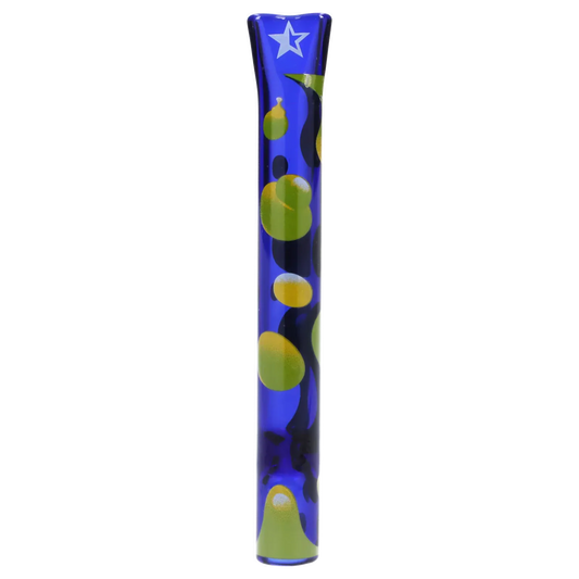 Tall vertical close-up of the Famous Design Privilege Chillum - Dark Blue - 4in. showing a glossy blue tube with green and yellow bubble patterns and a white star near the mouth.