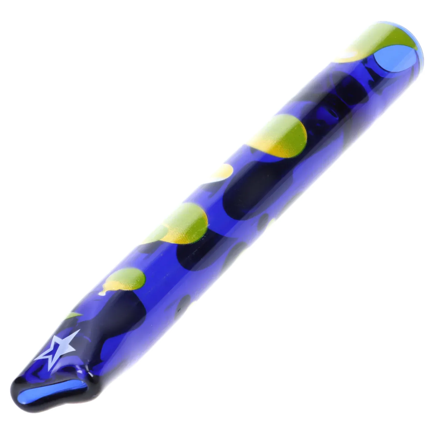 Angled close-up of the dark blue Famous Design Privilege Chillum - Dark Blue - 4in. showing green circular spots and a white star near the tapered tip